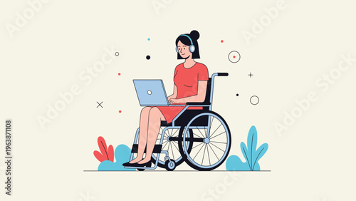 Empowered woman in a wheelchair works on her laptop and wears headphones while sitting in a bright and modern indoor space.