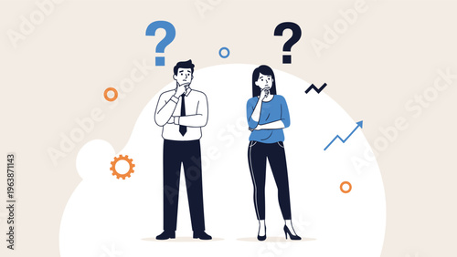 Man and woman stand together with question marks over their heads appearing thoughtful and confused about a complex problem.
