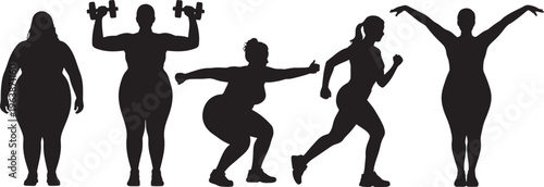 Silhouette sequence of woman's fitness journey: weight gain to muscle toning