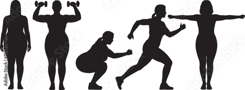 Silhouette of woman performing various exercises: squat, run, lift weights