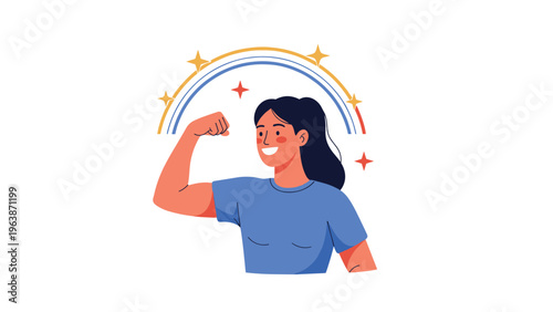 Strong and confident woman flexes her arm muscle against a bright rainbow background representing health and empowerment.
