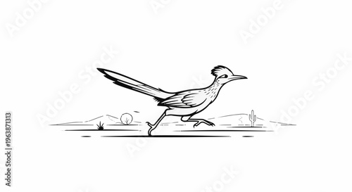 A cartoon roadrunner bird sprints across a desert landscape with cacti