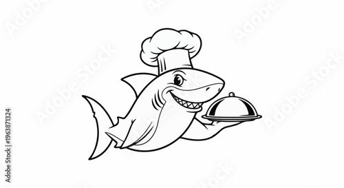 A cartoon shark wearing a chef hat, holding a covered dish