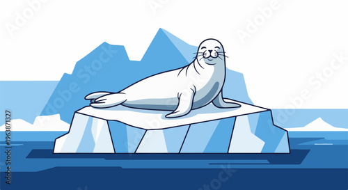 A cartoon seal rests on an ice floe in icy blue waters, with icebergs in background