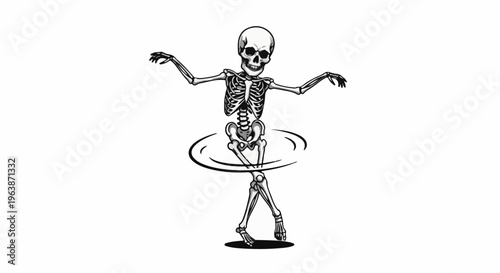 A cartoon skeleton dances, spinning with a hula hoop