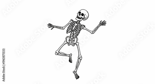 A cartoon skeleton is animated mid-dance with arms outstretched