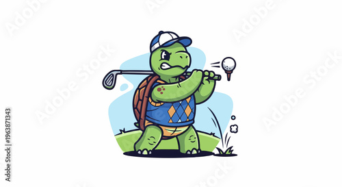 A cartoon turtle in golf attire swings at a golf ball