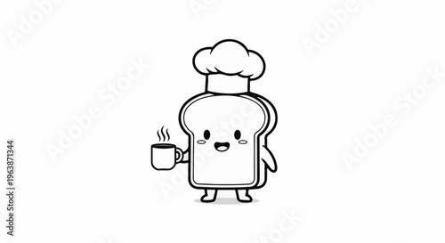 A cartoon slice of bread wearing a chef's hat holds a steaming cup of coffee