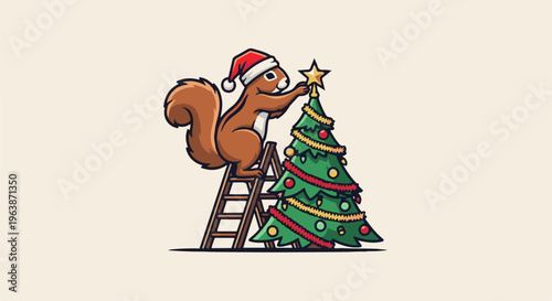 A cartoon squirrel in a Santa hat stands on a ladder, decorating a Christmas tree