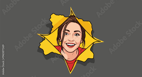 A cartoon woman peeks through a yellow torn opening on a gray background