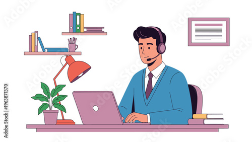 Male customer service representative wearing a headset and working on his laptop at a tidy office desk with bookshelves.