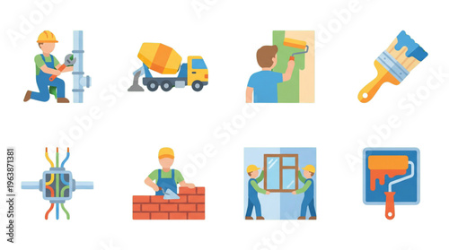 Building Professionals and Home Improvement Icons Flat Design Collection Renovation Jobs