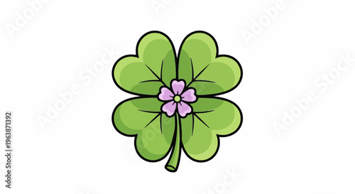 A cartoonish four-leaf clover with a small purple flower in the center