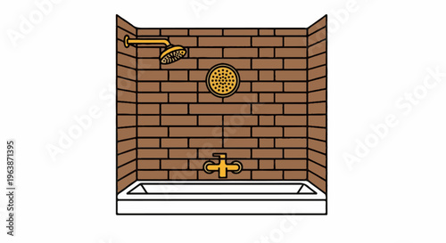 A cartoon-style bathtub with a brick wall, shower, and faucet