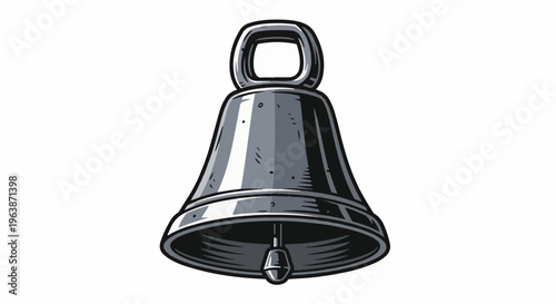 A cartoon-style drawing of a metallic bell with a clapper and loop