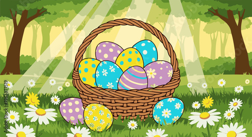 A basket overflowing with colorful, patterned Easter eggs sits in a sun-dappled forest