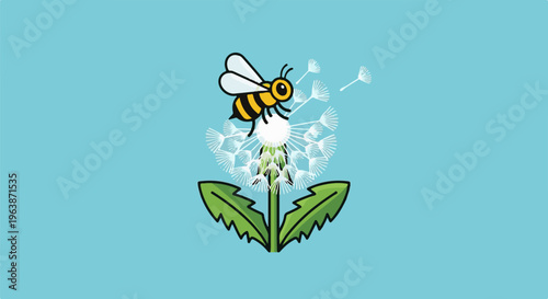A cheerful bee buzzes on a fluffy dandelion, spreading seeds on a blue background
