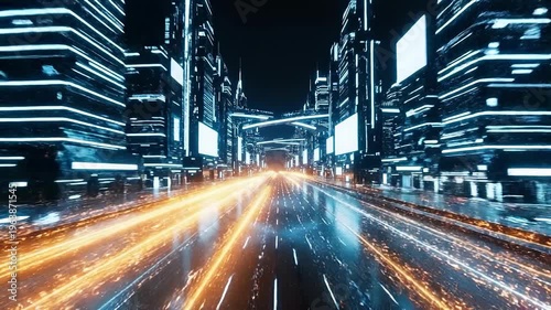 Cyberpunk Cityscape: A vibrant, futuristic cityscape pulsates with energy and technological innovation, the neon lights of skyscrapers reflecting on the sleek, rain-slicked streets.