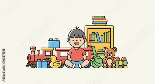 A cheerful boy surrounded by toys, including a train, blocks, books, and a teddy bear