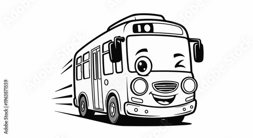 A cheerful cartoon bus with a winking eye zooms forward