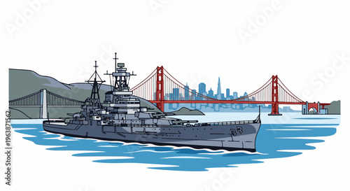 A battleship sails past a city skyline and iconic bridge in the bay