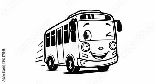 A cheerful cartoon bus with big eyes and a wide smile zooms along