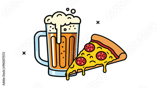 Large glass mug of cold beer with thick foam next to a slice of cheesy pepperoni pizza with melting cheese and drips.