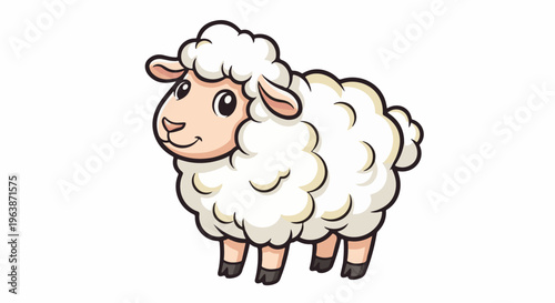 A cheerful cartoon sheep with fluffy white wool, pink face and black hooves