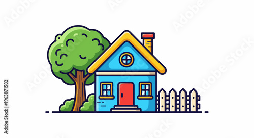 A cheerful cartoon house with a large tree and picket fence
