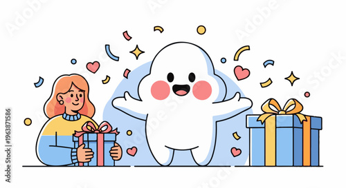 A cheerful character and a smiling person exchange gifts amidst falling confetti and hearts