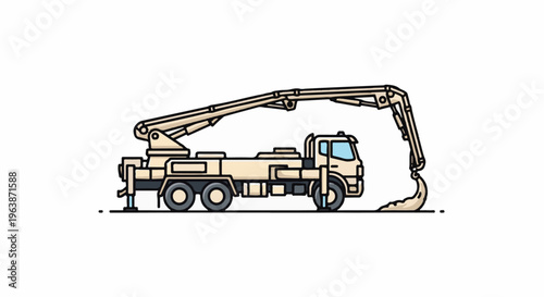 A beige construction truck with a long, articulated boom is dispensing material