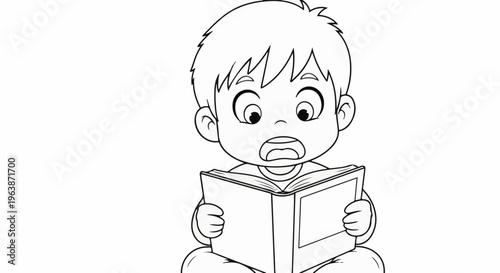 Cartoon child with wide eyes and open mouth reads a book