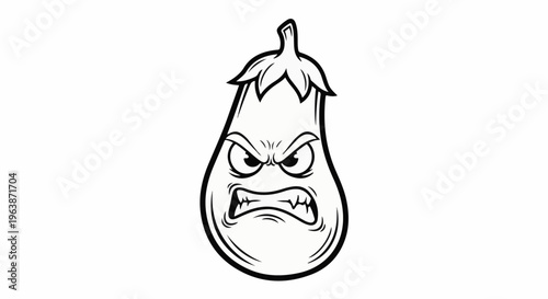 A black and white cartoon drawing of an angry eggplant with a menacing expression