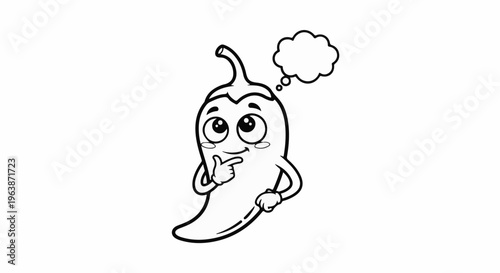 Cartoon chili pepper with a thinking bubble and rosy cheeks