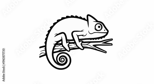 A black and white drawing of a chameleon clinging to a branch