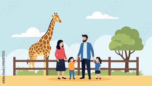 Happy family of four including parents and two children standing in front of a giraffe enclosure at a public zoo.