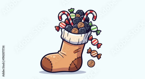 Cartoon Christmas stocking overflowing with coal, candy canes, and foil-wrapped treats