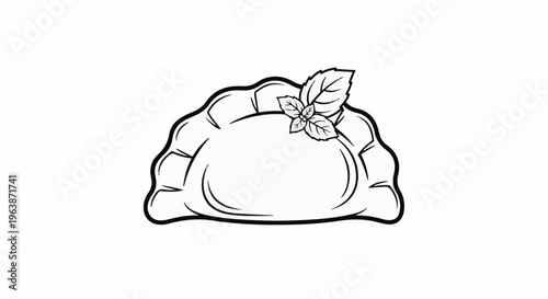 A black and white drawing of a single dumpling with a sprig of mint