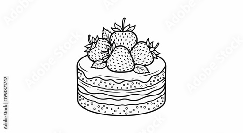 A black and white drawing of a multi-layered cake decorated with fresh strawberries