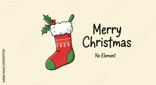 Cartoon Christmas stocking with holly and "Merry Christmas" text