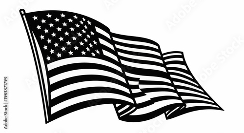 A black and white graphic of a waving flag with stars and stripes