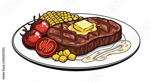 A grilled steak with melting butter, tomatoes, corn, and a swirl of sauce