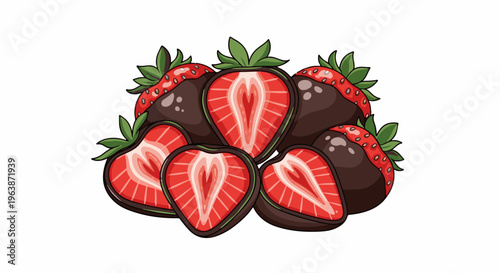 A group of dark chocolate dipped strawberries with some halved