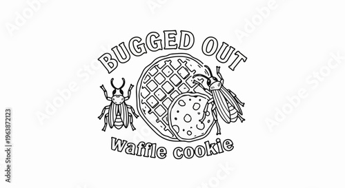 Cartoon insects interact with a waffle cookie, text reads "Bugged Out Waffle cookie