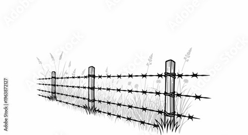 A hand-drawn illustration of a barbed wire fence with wooden posts and grass