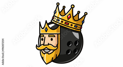 Cartoon king's head fused with a bowling ball, wearing two crowns