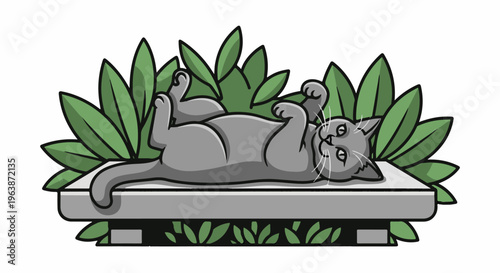 A cute, grey cartoon cat is relaxing on a grey slab outdoors