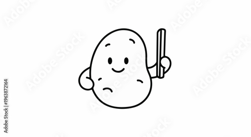 A happy cartoon potato holding a french fry stick