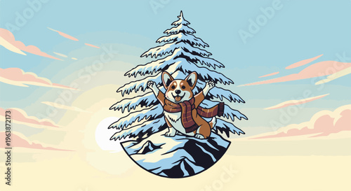 A happy corgi wearing a scarf stands in snow by a frosted tree