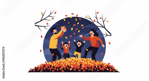 A happy family jumps in a pile of autumn leaves